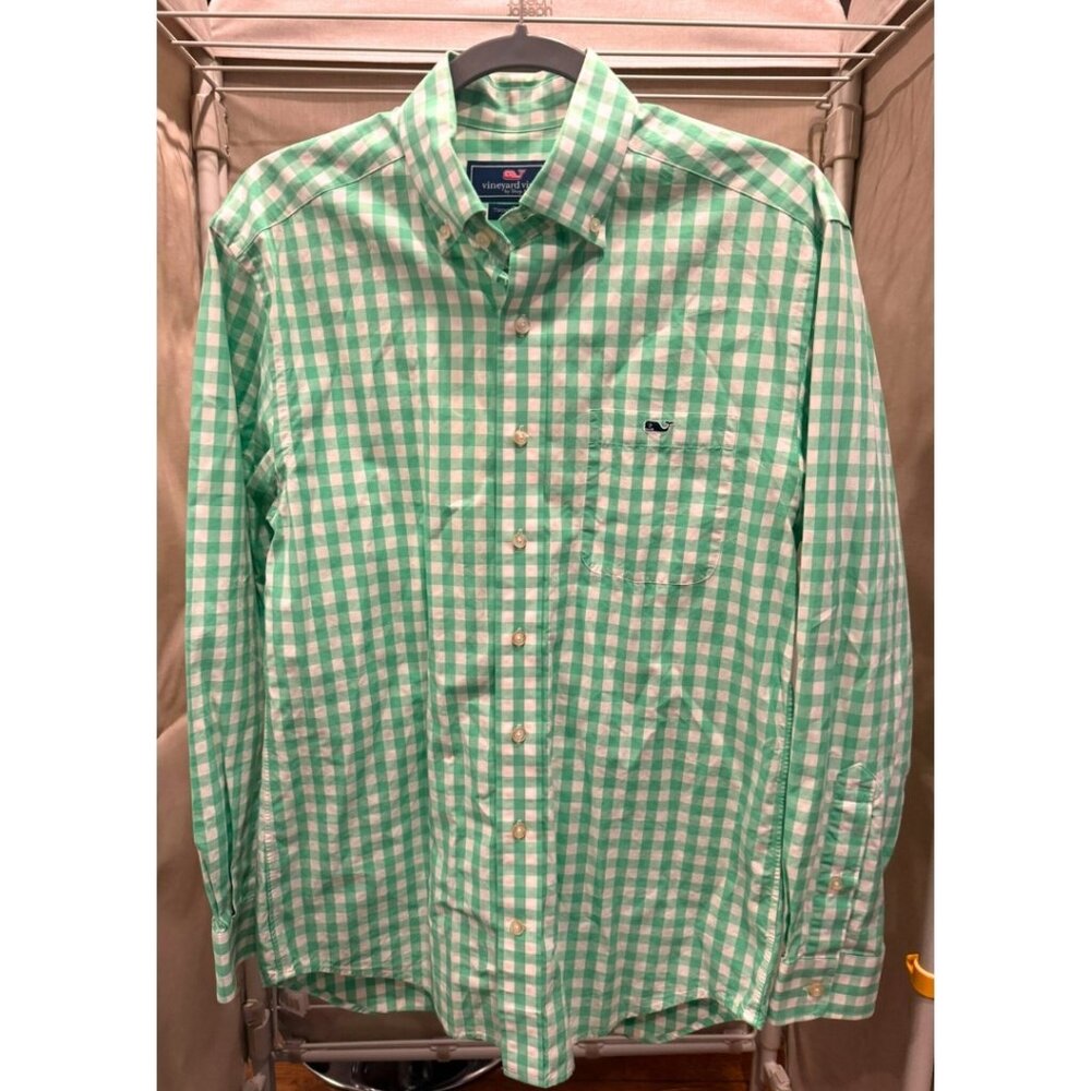 Vineyard Vines Mens Button Down, Small, Green and White Gingham